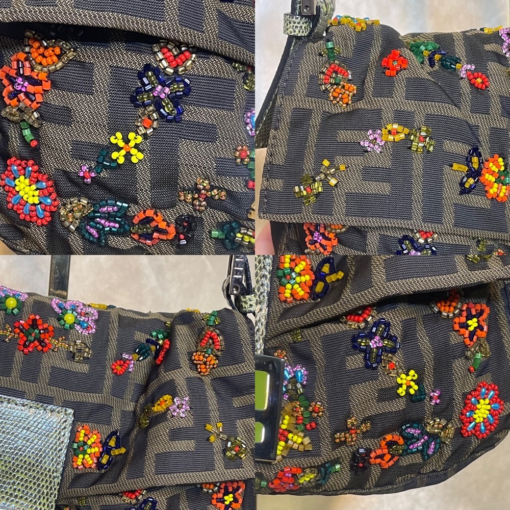💖SOLD💖Fendi zucca print floral beaded baguette lizard shoulder strap RARE - Picture 14 of 16